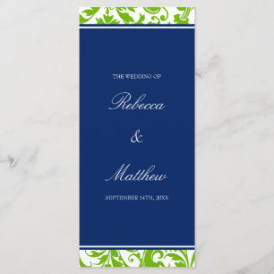 Navy Blue and Green Swirls Damask Wedding Program Programme