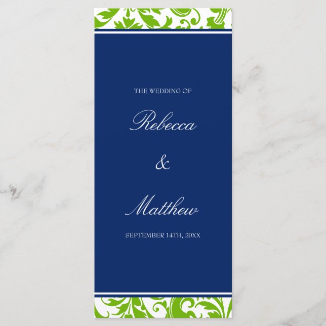 Navy Blue and Green Swirls Damask Wedding Program Programme (Front)