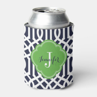 Navy Blue and Green Trellis Monogram Can Cooler