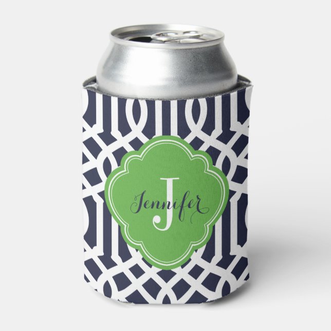 Navy Blue and Green Trellis Monogram Can Cooler (Can Front)