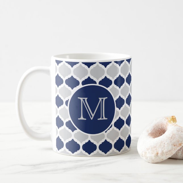 Navy Blue and Grey Quatrefoil Monogram Coffee Mug (With Donut)