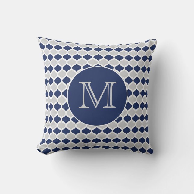 Navy Blue and Grey Quatrefoil Monogram Cushion (Front)