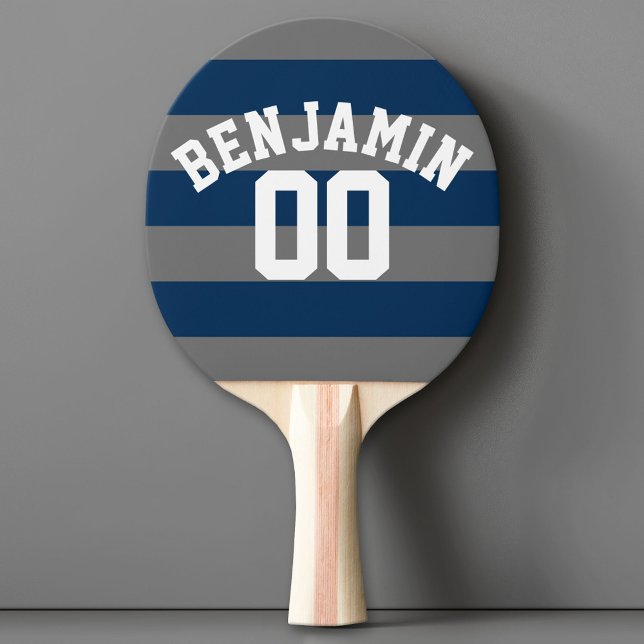 Navy Blue and Grey Rugby Stripes Name Number Ping Pong Paddle (Custom Ping Pong Paddle with a Sports Theme)