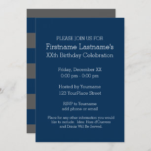 Navy Blue and Grey Rugby Stripes with Custom Name Invitation