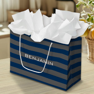 Navy Blue and Grey Rugby Stripes with Custom Name Large Gift Bag