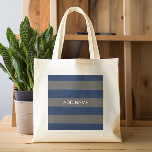 Navy Blue and Grey Rugby Stripes with Custom Name Tote Bag