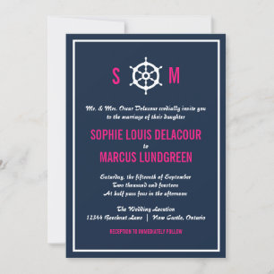 Navy Blue and Hot Pink Nautical Monogram Wedding Invitation