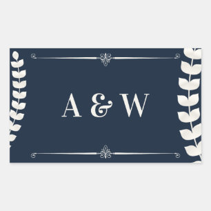 Navy Blue and Ivory Elegant Laurel Monogram Weddin Rectangular Sticker