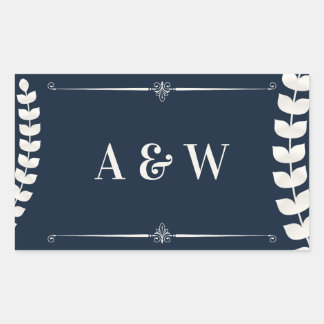 Navy Blue and Ivory Elegant Laurel Monogram Weddin Rectangular Sticker
