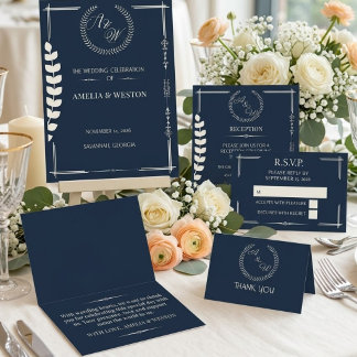 Navy Blue and Ivory Elegant Monogram Save The Date