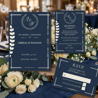Navy Blue and Ivory Elegant Monogram Wedding Programme