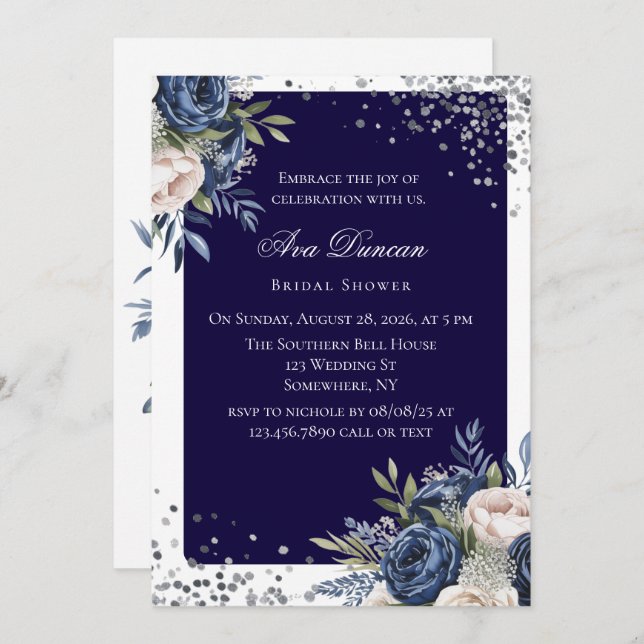 Navy Blue and Ivory Floral Bridal Shower Invitation (Front/Back)