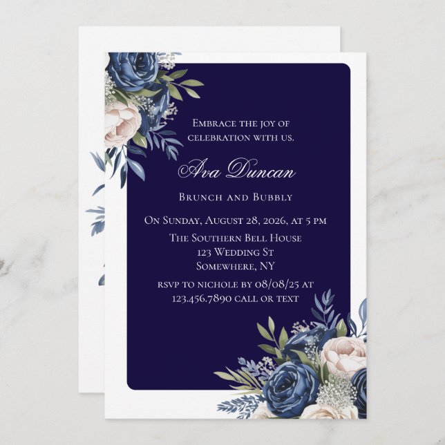 Navy Blue and Ivory Floral Brunch and Bubbly Invitation (Front/Back)