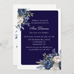 Navy Blue and Ivory Floral Brunch and Bubbly Invitation