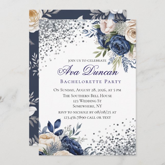 Navy Blue and Ivory Floral Couples Shower Invitation (Front/Back)