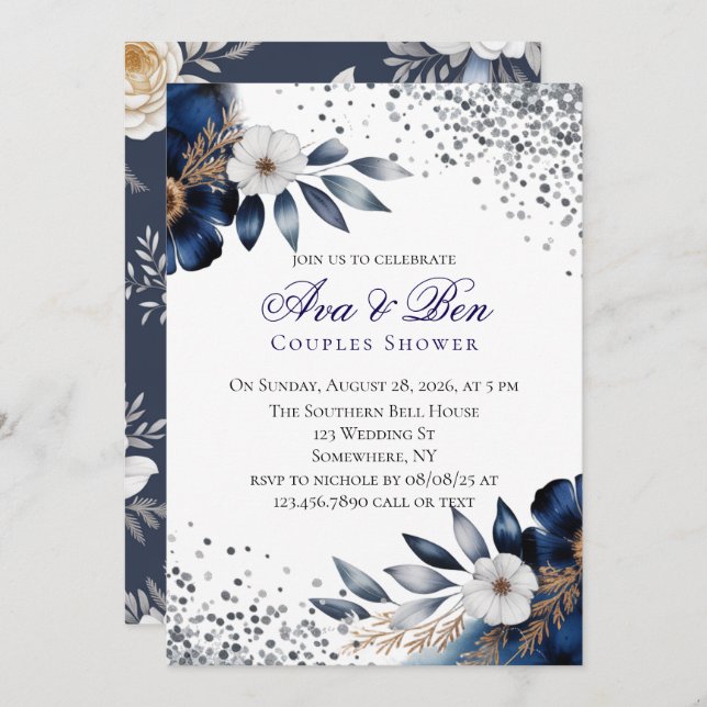 Navy Blue and Ivory Floral Couples Shower Invitation (Front/Back)