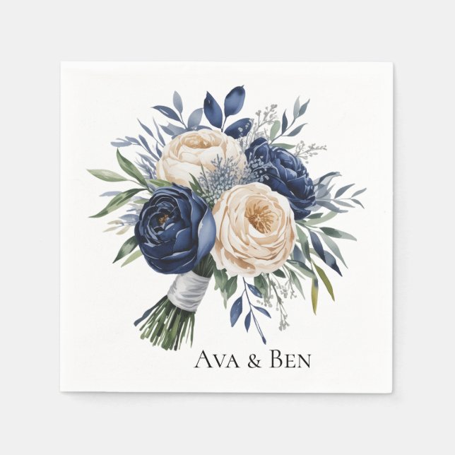 Navy Blue and Ivory Floral Wedding Napkin (Front)