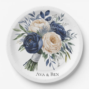 Navy Blue and Ivory Floral Wedding Paper Plate