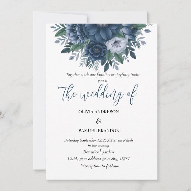Navy blue and light blue elegant wedding invitation (Front)