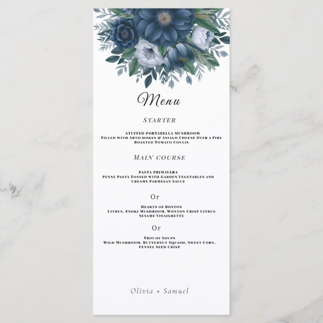 Navy blue and light blue elegant wedding  menu (Front)