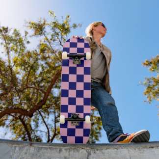 Navy Blue and Light Pink Checkerboard Pattern Skateboard