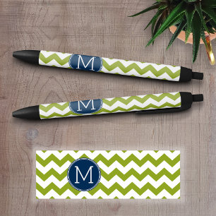 Navy Blue and Lime Green Chevrons Custom Monogram Black Ink Pen