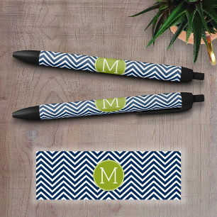 Navy Blue and Lime Green Chevrons Custom Monogram Black Ink Pen
