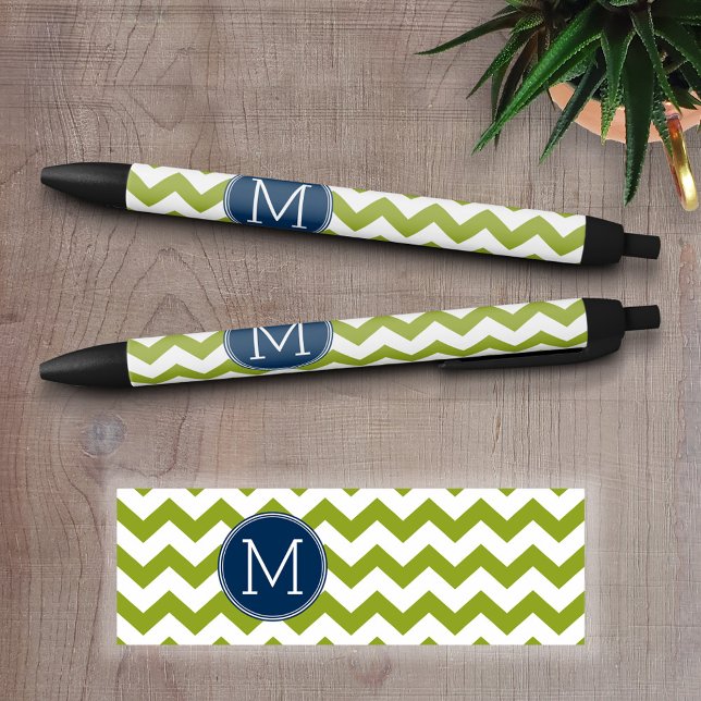 Navy Blue and Lime Green Chevrons Custom Monogram Black Ink Pen (Personalized Writing Pens)