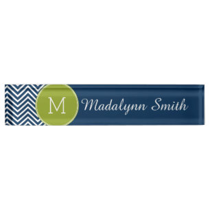Navy Blue and Lime Green Chevrons Custom Monogram Nameplate