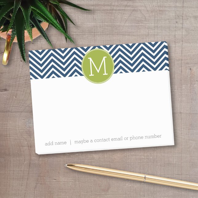 Navy Blue and Lime Green Chevrons Custom Monogram Post-it Notes (Personalized post-it notes with a monogram and contact information - low quantity available)