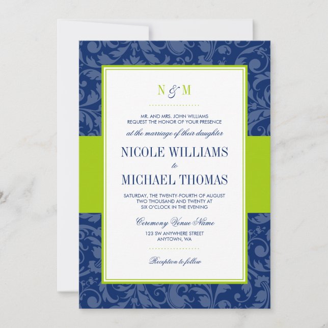 Navy Blue and Lime Green Damask Wedding Invitation (Front)