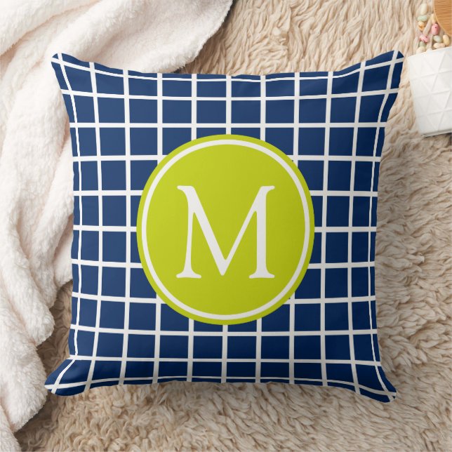 Navy Blue and Lime Green Lattice Monogram Cushion (Blanket)