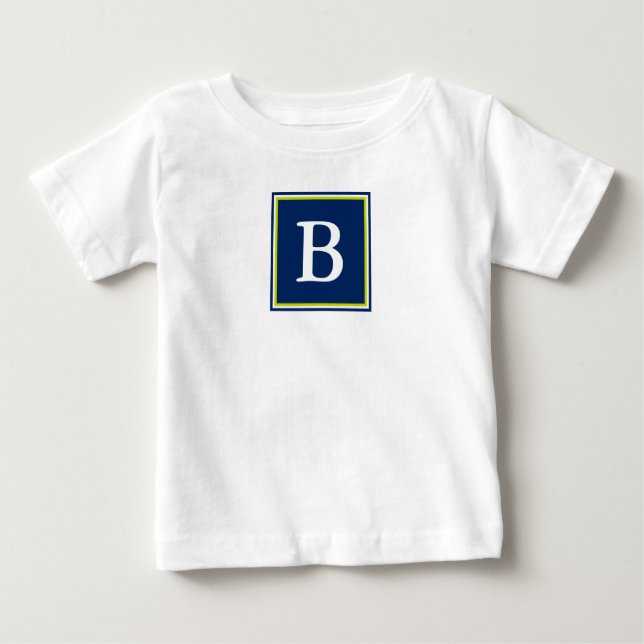 Navy Blue and Lime Green Monogram Baby T-Shirt (Front)