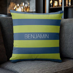 Navy Blue and Lime Green Rugby Stripes Custom Name Cushion
