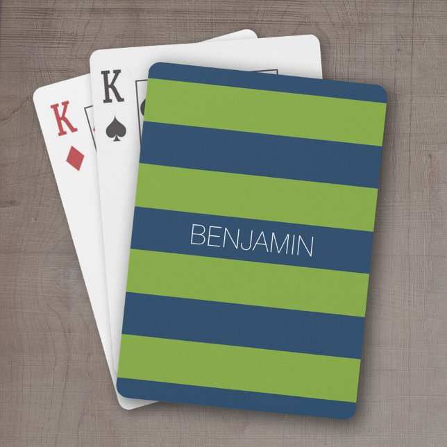 Navy Blue and Lime Green Rugby Stripes Custom Name Playing Cards (Personalized playing cards - sporty, preppy stripe pattern with name. Great gift for the guys!)