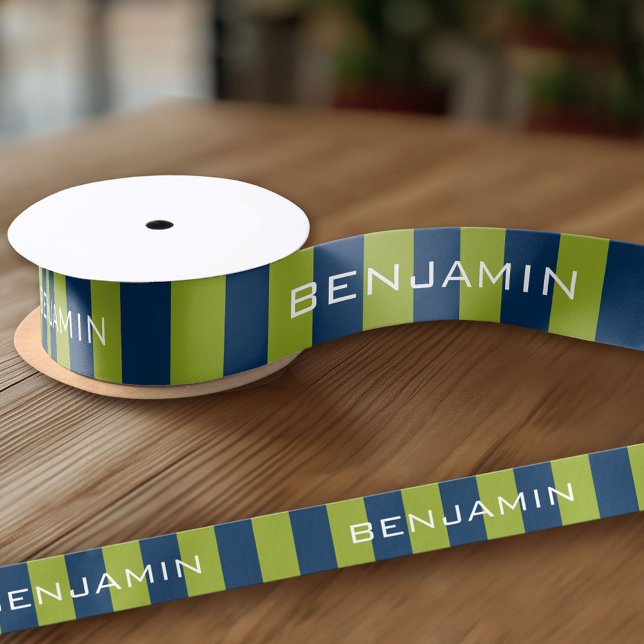 Navy Blue and Lime Green Rugby Stripes Custom Name Satin Ribbon (Custom Ribbon - add your personalized text)