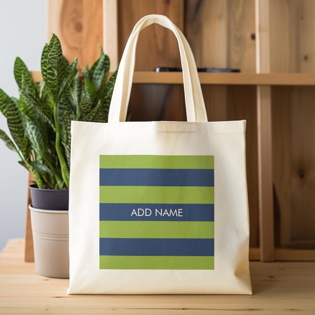Navy Blue and Lime Green Rugby Stripes Custom Name Tote Bag (Custom Tote Bag)