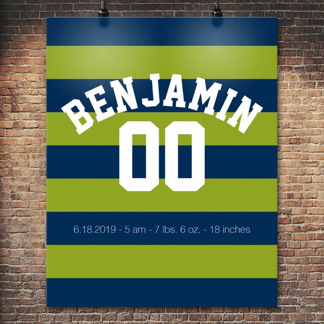 Navy Blue and Lime Green Rugby Stripes Name Number Poster (Custom Poster)
