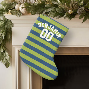 Navy Blue and Lime Green Rugby Stripes Name Number Small Christmas Stocking