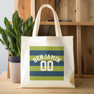 Navy Blue and Lime Green Rugby Stripes Name Number Tote Bag