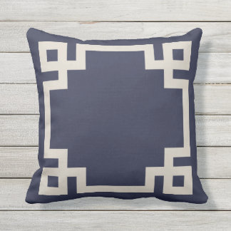 Navy Blue and Linen Beige Greek Key Border Cushion