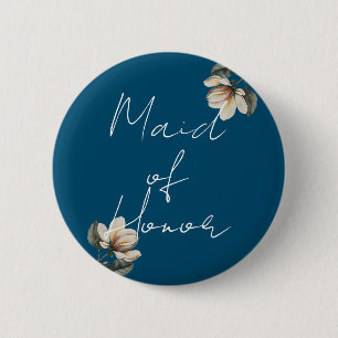Navy Blue and Magnolia Wedding Maid of Honour 6 Cm Round Badge