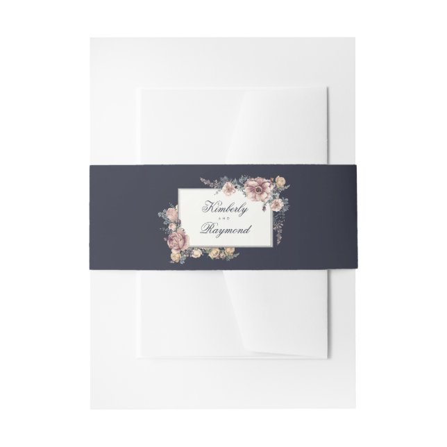 Navy Blue and Mauve Blush Floral Wedding Invitation Belly Band (Front Example)