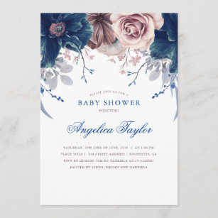 Navy Blue and Mauve Floral Baby Shower Invitation
