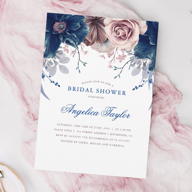 Navy Blue and Mauve Floral Bridal Shower Invitation (Creator Uploaded)