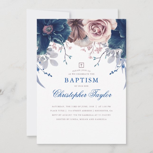 Navy Blue and Mauve Floral Elegant Baptism Invitation (Front)