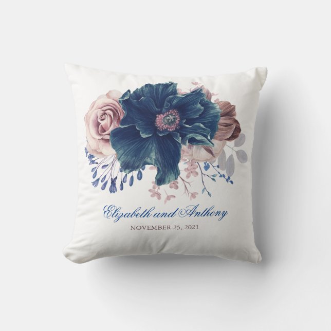 Navy Blue and Mauve Floral Elegant Watercolor Cushion (Front)