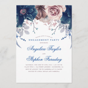 Navy Blue and Mauve Floral Engagement Party Invitation