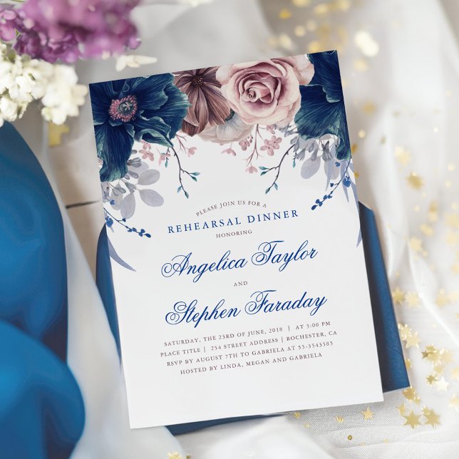 Navy Blue and Mauve Floral Rehearsal Dinner Invitation (Navy Blue and Mauve Rehearsal Dinner Invitation)