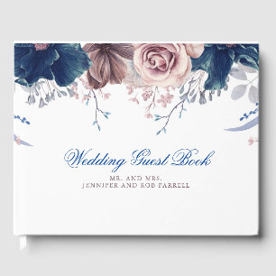 Navy Blue and Mauve Floral Wedding Guest Book